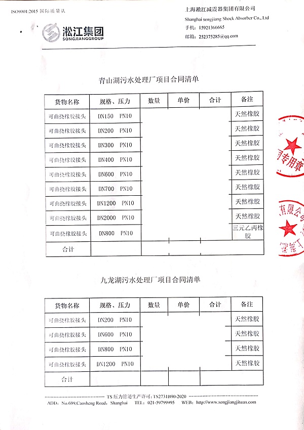 南昌九龙湖污水处理厂DN1200橡胶管接头合同项目
